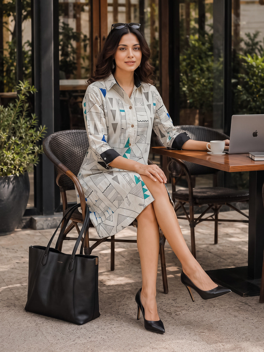 KoraKanvas Geometric Print Shirt Dress - Blue 5