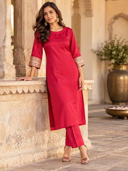 KoraKanavs Lady in Red Silk Kurta Set 1