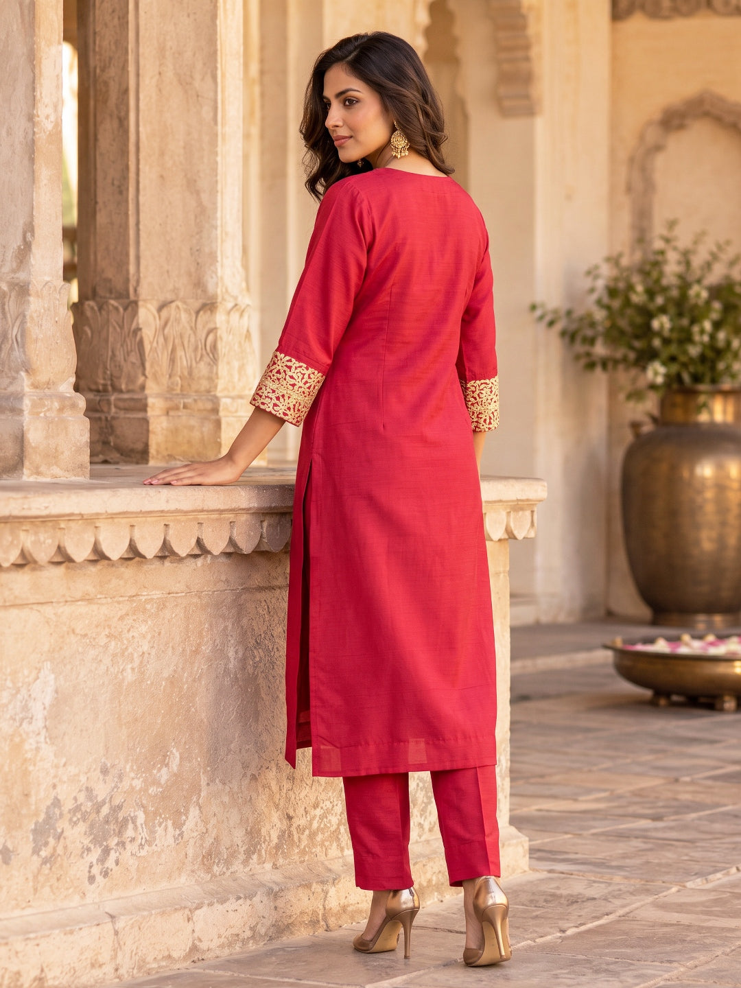 KoraKanavs Lady in Red Silk Kurta Set 3