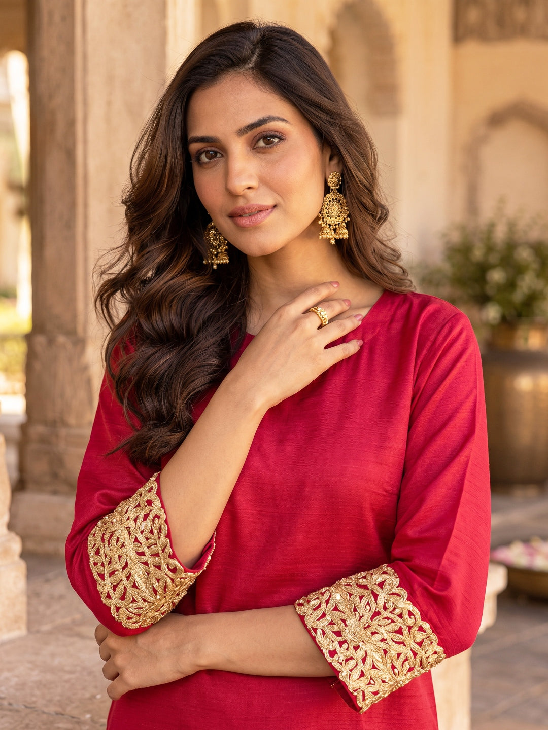 KoraKanavs Lady in Red Silk Kurta Set 5