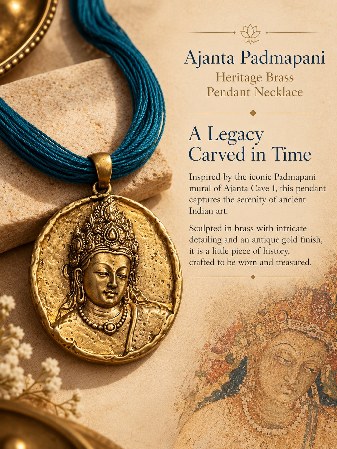 KoraKanvas Ajanta Padmapani Heritage Brass Pendant Necklace 4