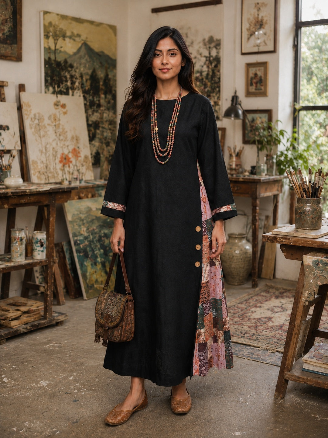 KoraKanvas Artisan Black Cotton Slub Maxi Dress 1