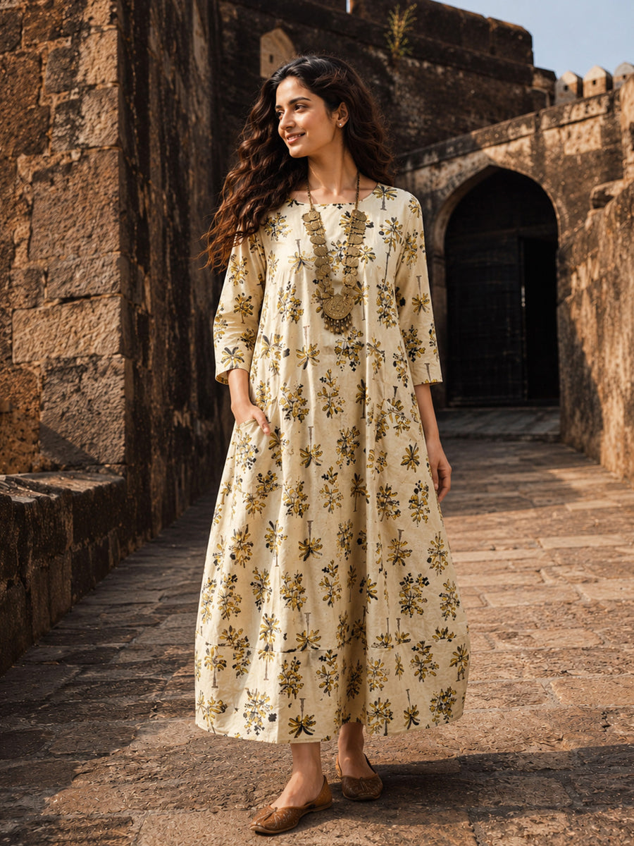 KoraKanvas Bagru Earthy Palm Dress 1