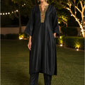 KoraKanvas Black Brocade Muslin Silk Kurta Set