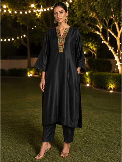KoraKanvas Black Brocade Muslin Silk Kurta Set 1