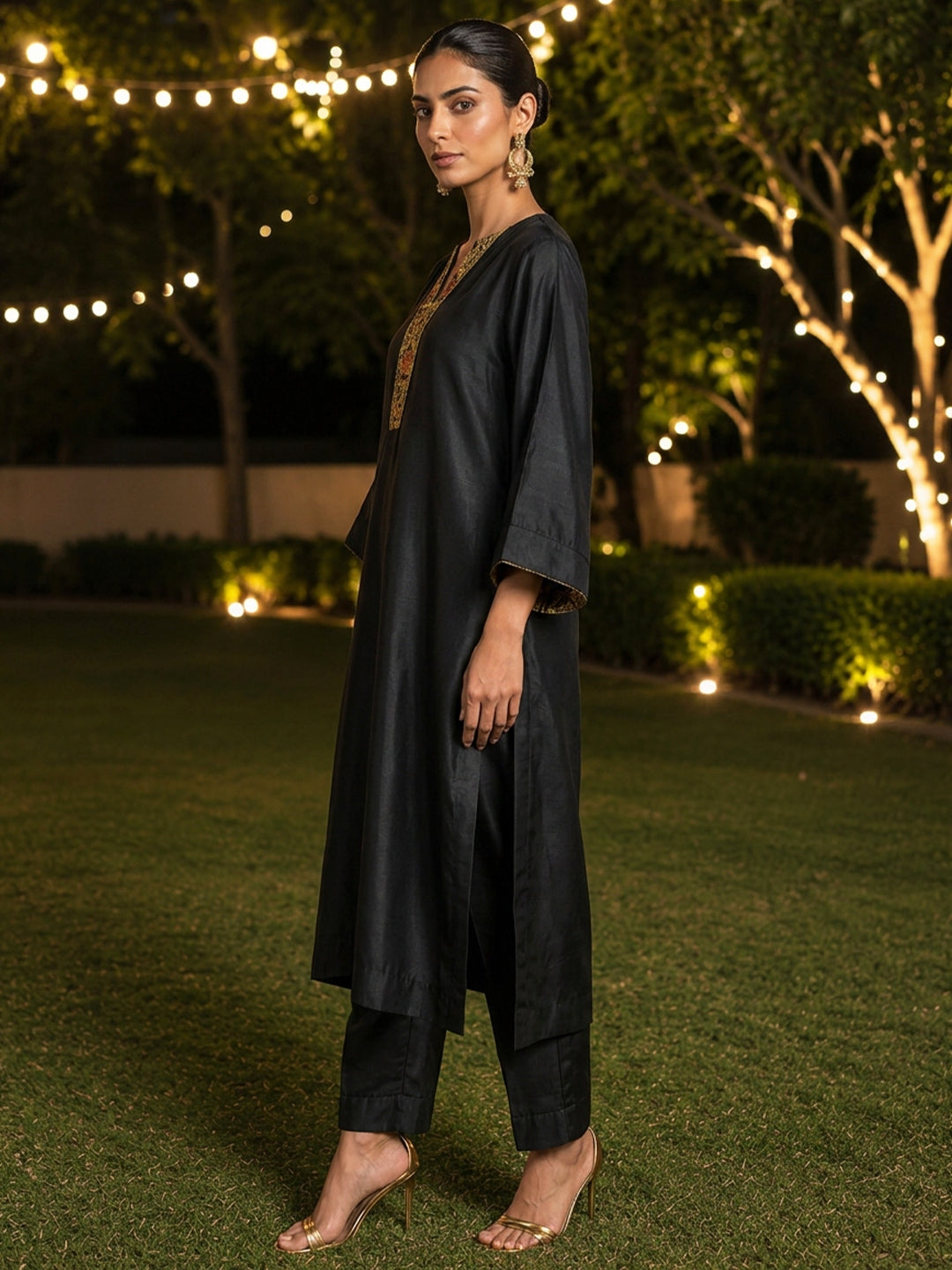 KoraKanvas Black Brocade Muslin Silk Kurta Set 2