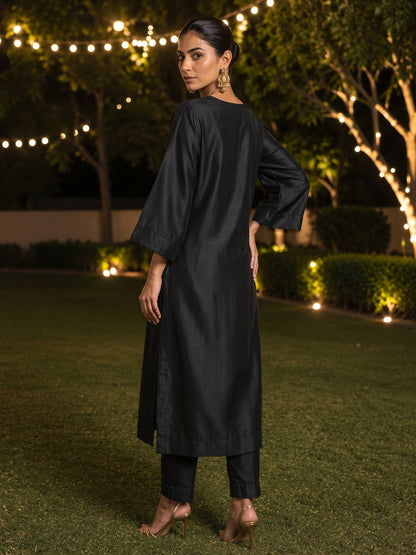 KoraKanvas Black Brocade Muslin Silk Kurta Set 3