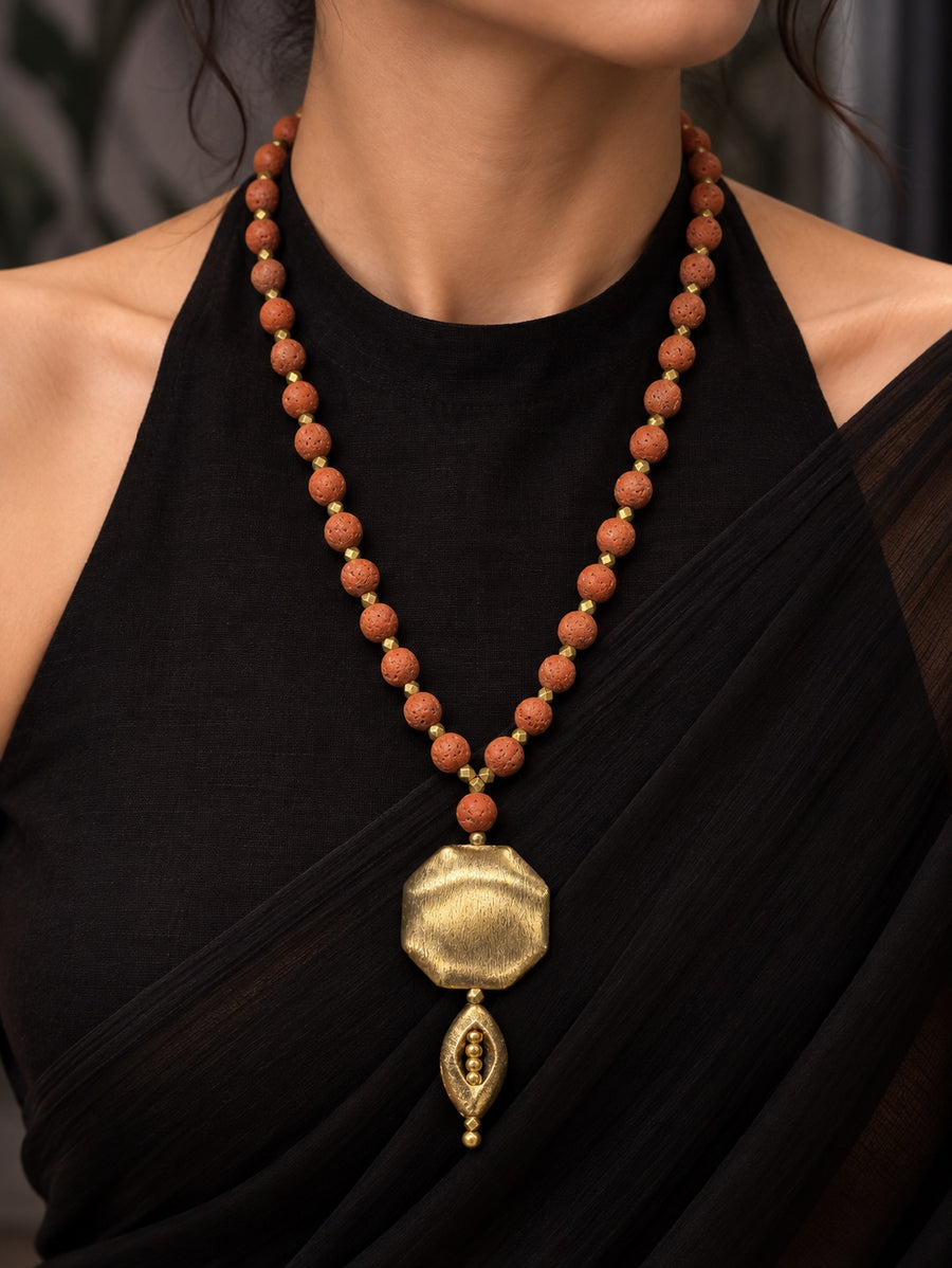 KoraKanvas Brass Eye Gerua Natural Lava Beads Necklace 1