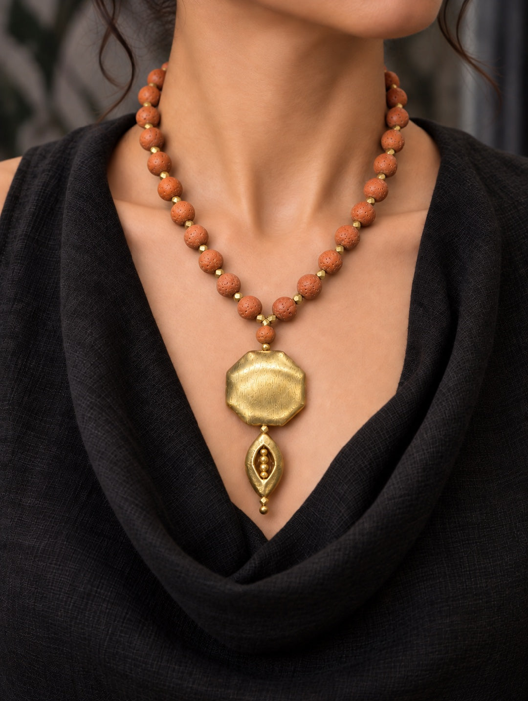 KoraKanvas Brass Eye Gerua Natural Lava Beads Necklace 2