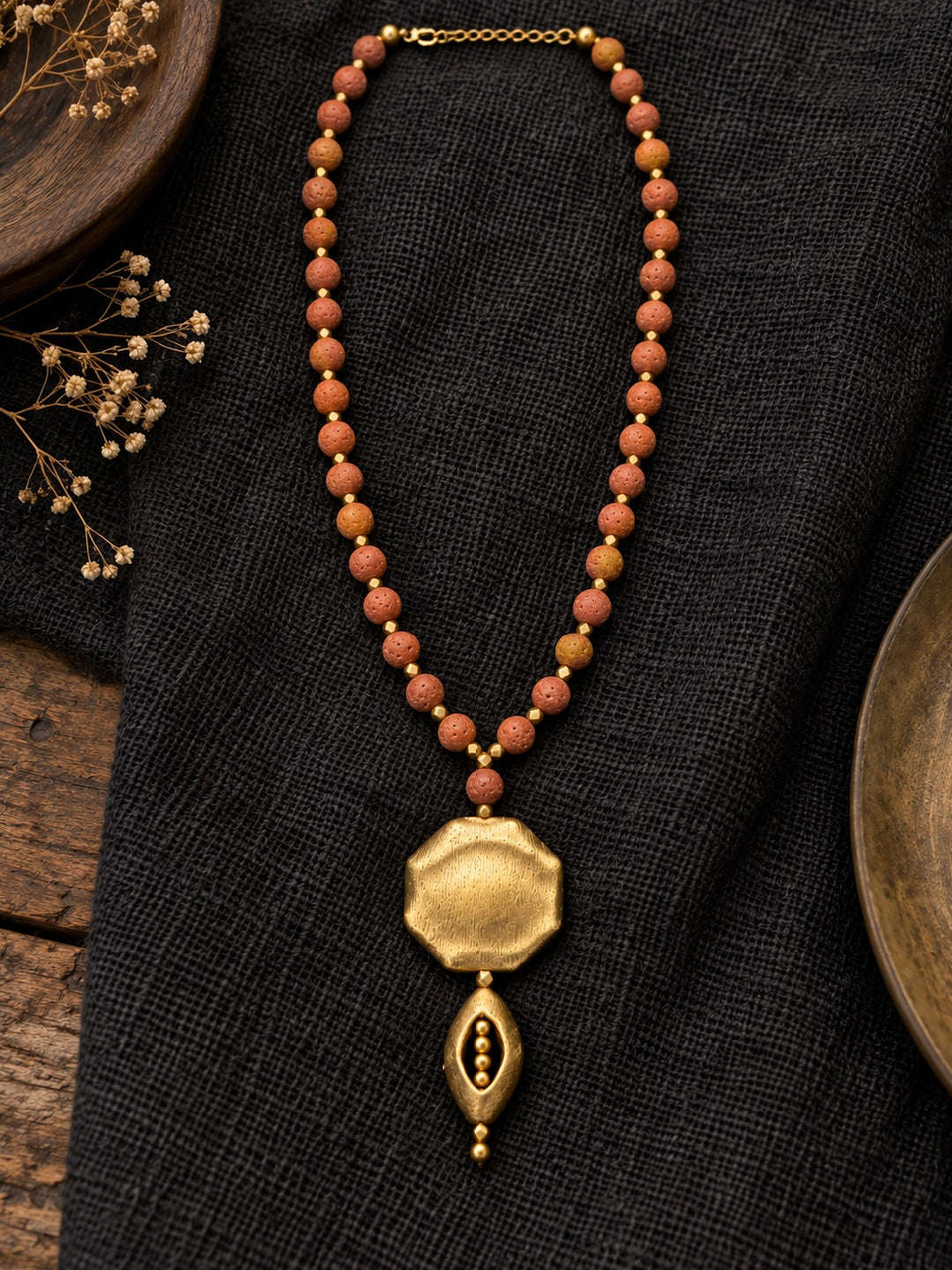 KoraKanvas Brass Eye Gerua Natural Lava Beads Necklace 3