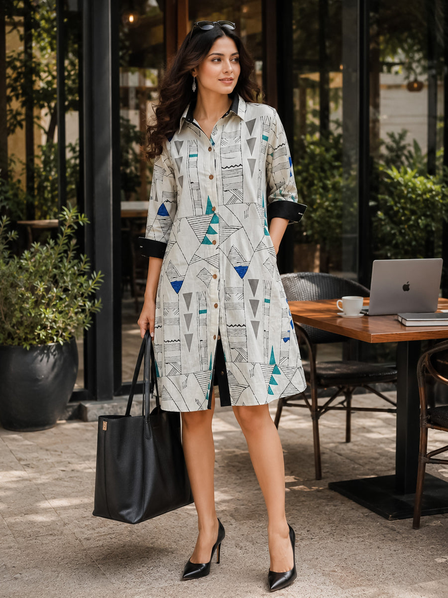 KoraKanvas Geometric Print Shirt Dress - Blue 1
