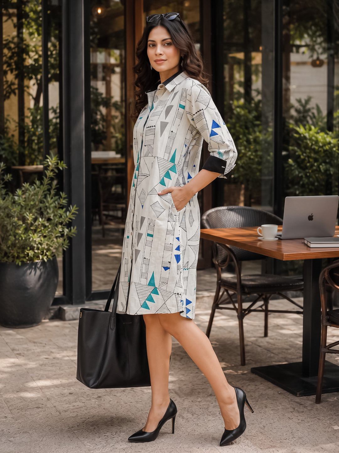 KoraKanvas Geometric Print Shirt Dress - Blue 2