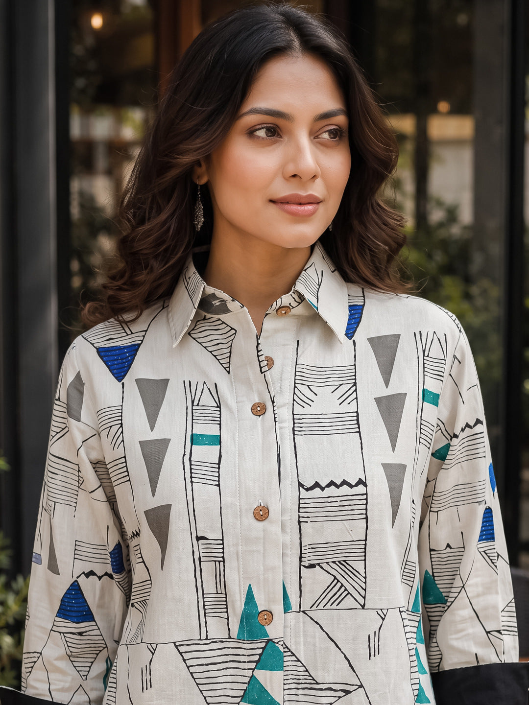 KoraKanvas Geometric Print Shirt Dress - Blue 3