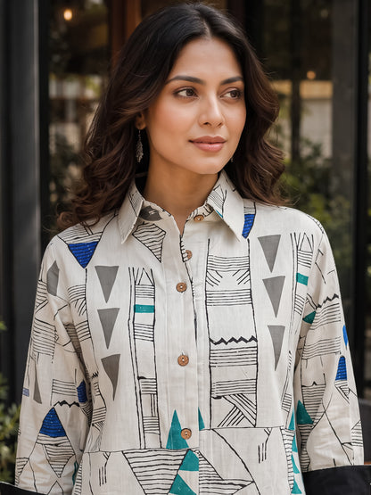 KoraKanvas Geometric Print Shirt Dress - Blue 3