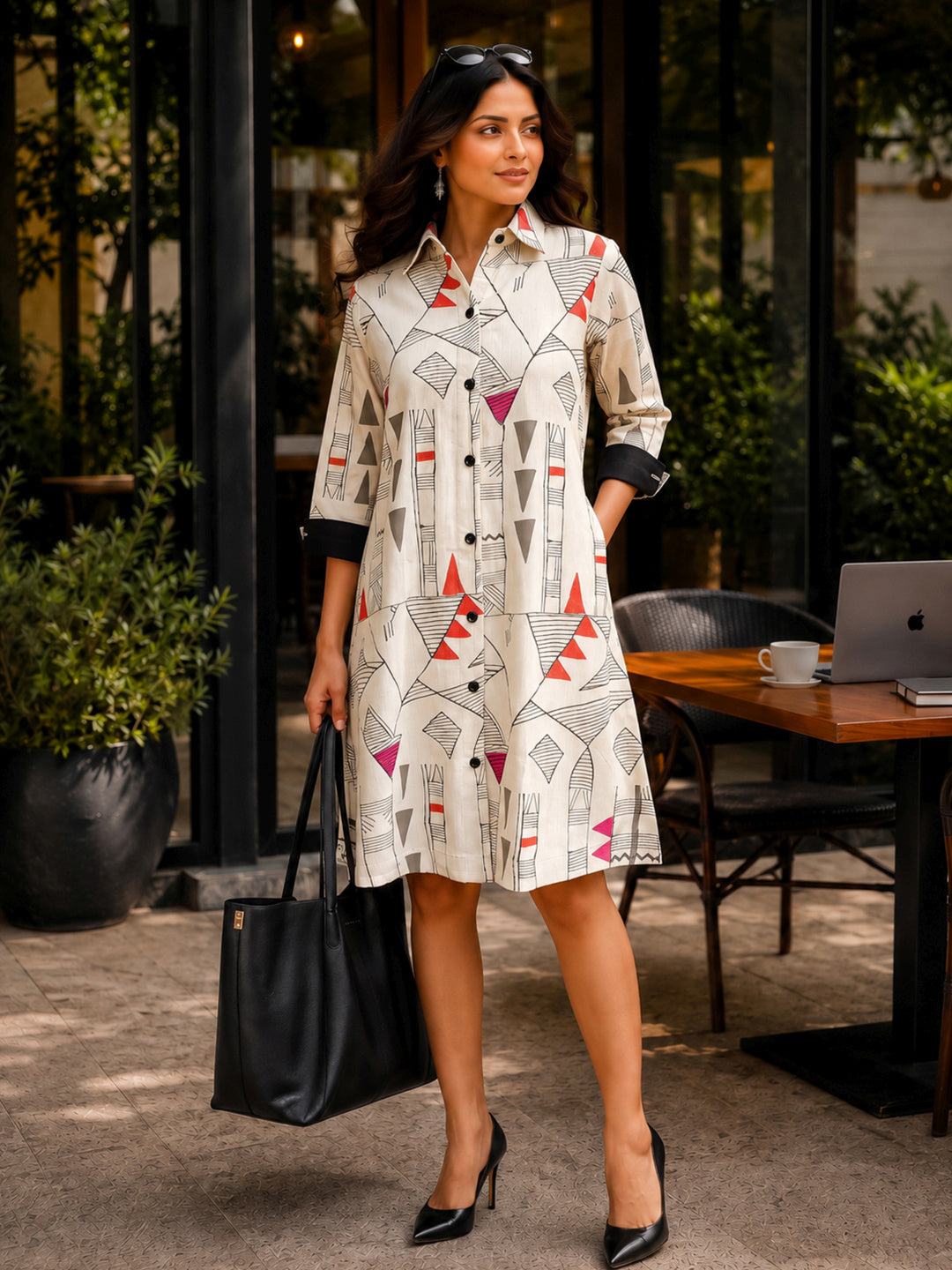KoraKanvas Geometric Print Shirt Dress - Orange 1