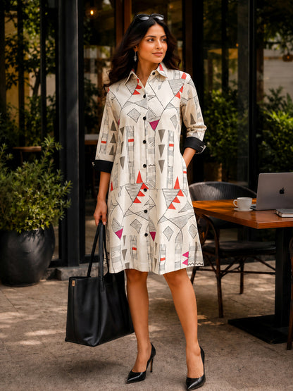 KoraKanvas Geometric Print Shirt Dress - Orange 1