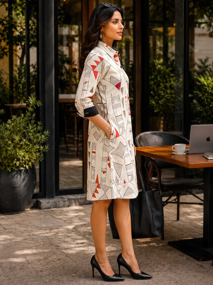KoraKanvas Geometric Print Shirt Dress - Orange 2