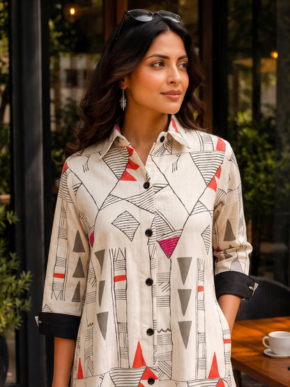 KoraKanvas Geometric Print Shirt Dress - Orange 3