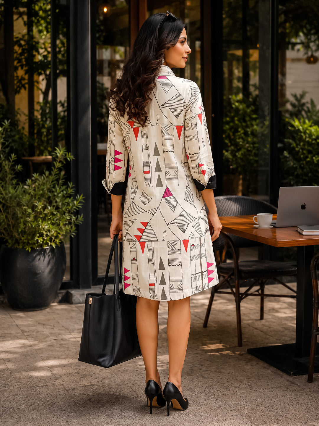 KoraKanvas Geometric Print Shirt Dress - Orange 4