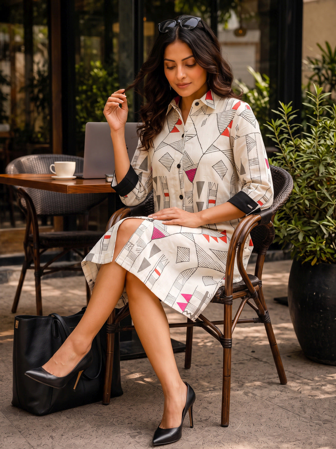 KoraKanvas Geometric Print Shirt Dress - Orange 5
