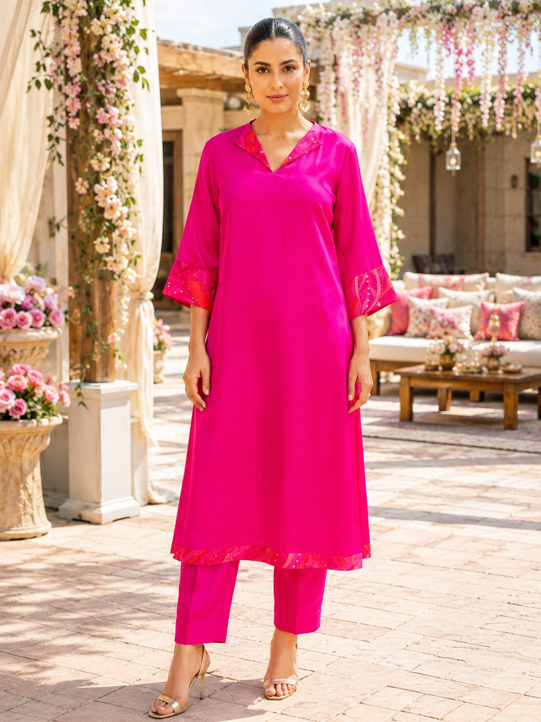 KoraKanvas Gulnaar Fuchsia Silk Kurta Set 1