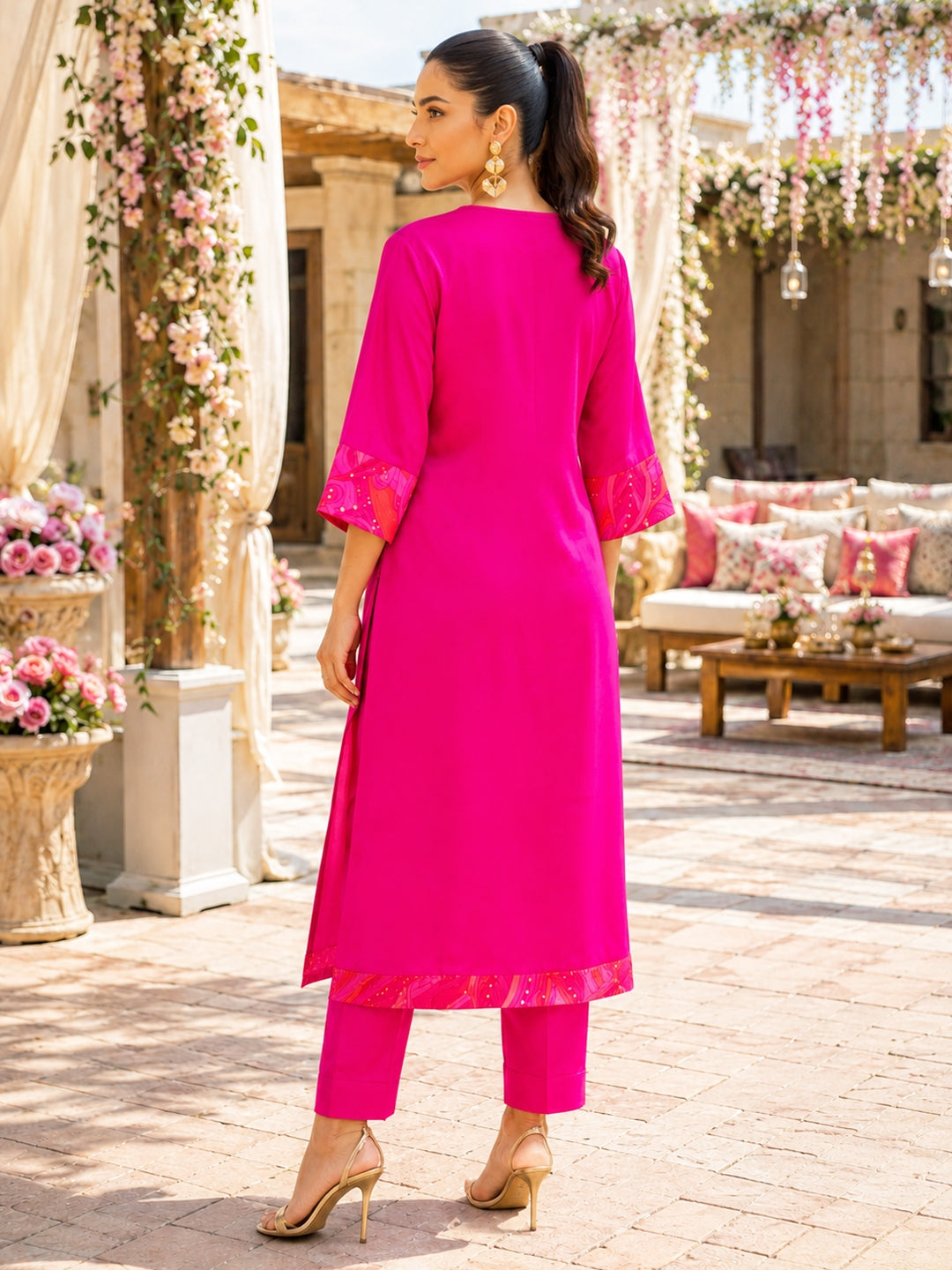 KoraKanvas Gulnaar Fuchsia Silk Kurta Set 3