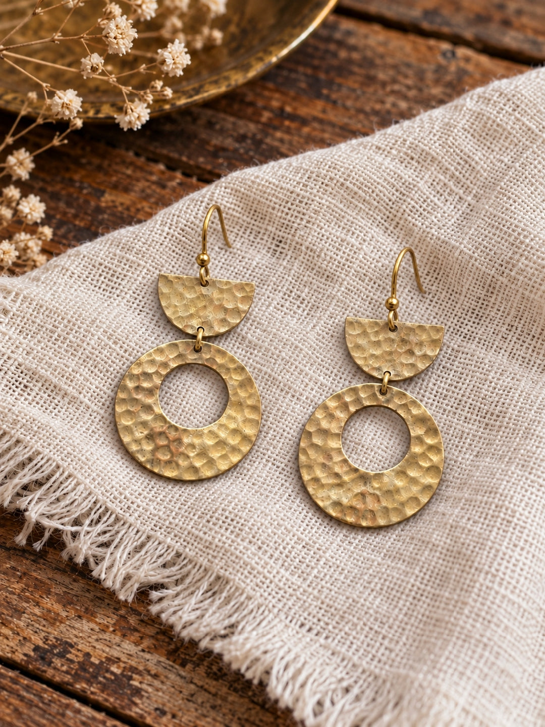 KoraKanvas Half Moon Full Moon Beaten Brass Earrings 3