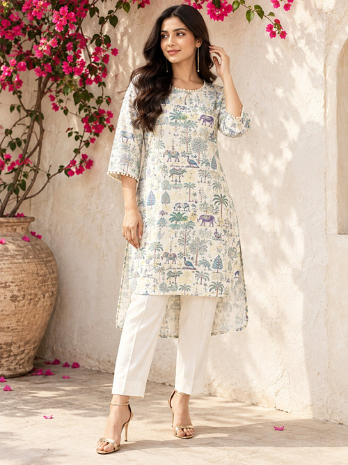KoraKanvas Heritage Garden High-Low Linen Kurta
