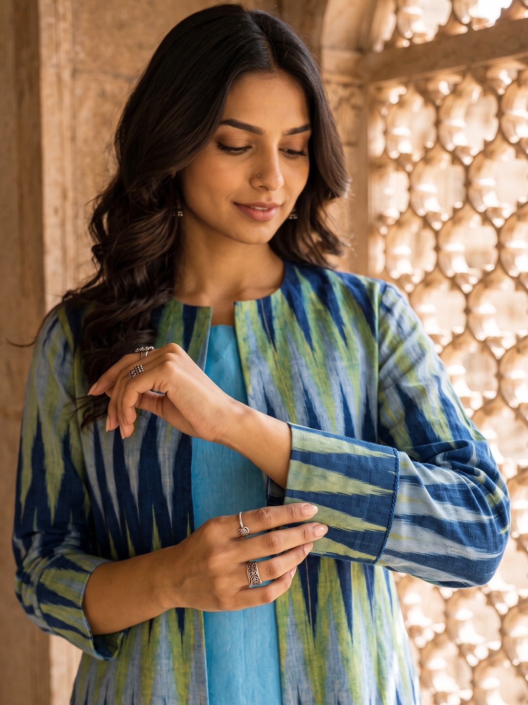 KoraKanvas Ikat Azure Jacket Kurta Set 3