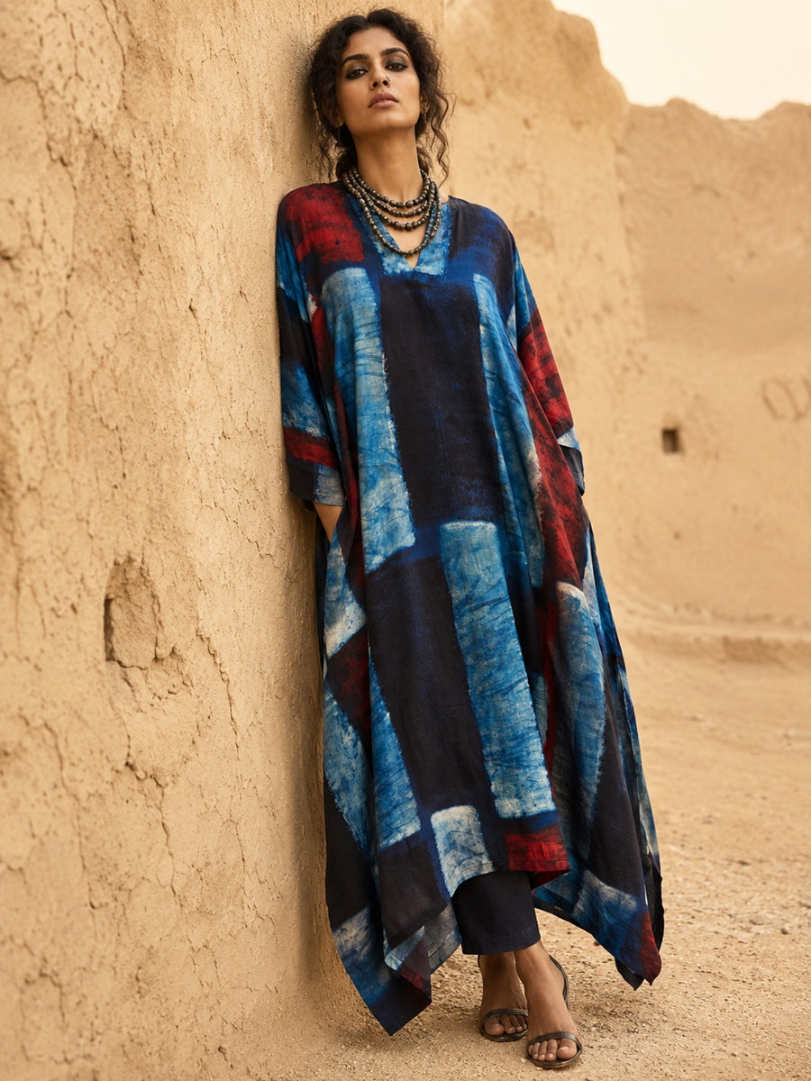 KoraKanvas Indigo Ajrakh Modal Silk Kaftan 1