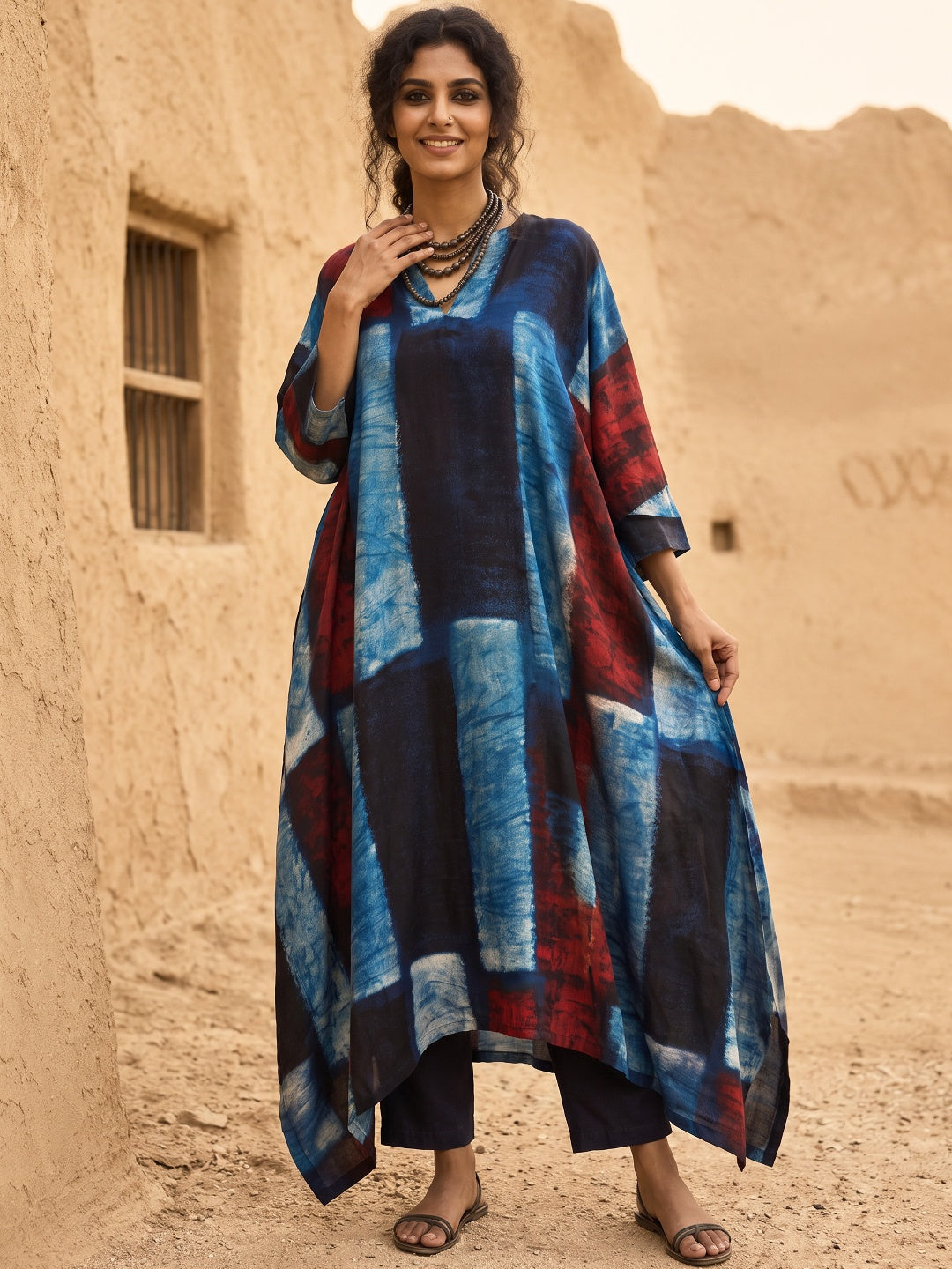 KoraKanvas Indigo Ajrakh Modal Silk Kaftan 2