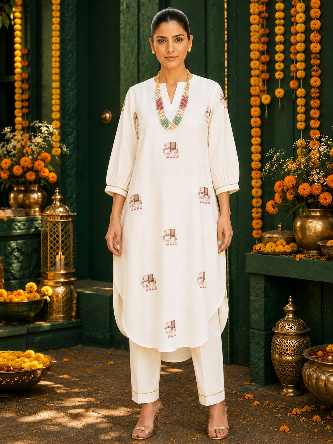 KoraKanvas Ivory Elephant Kurta Set 1