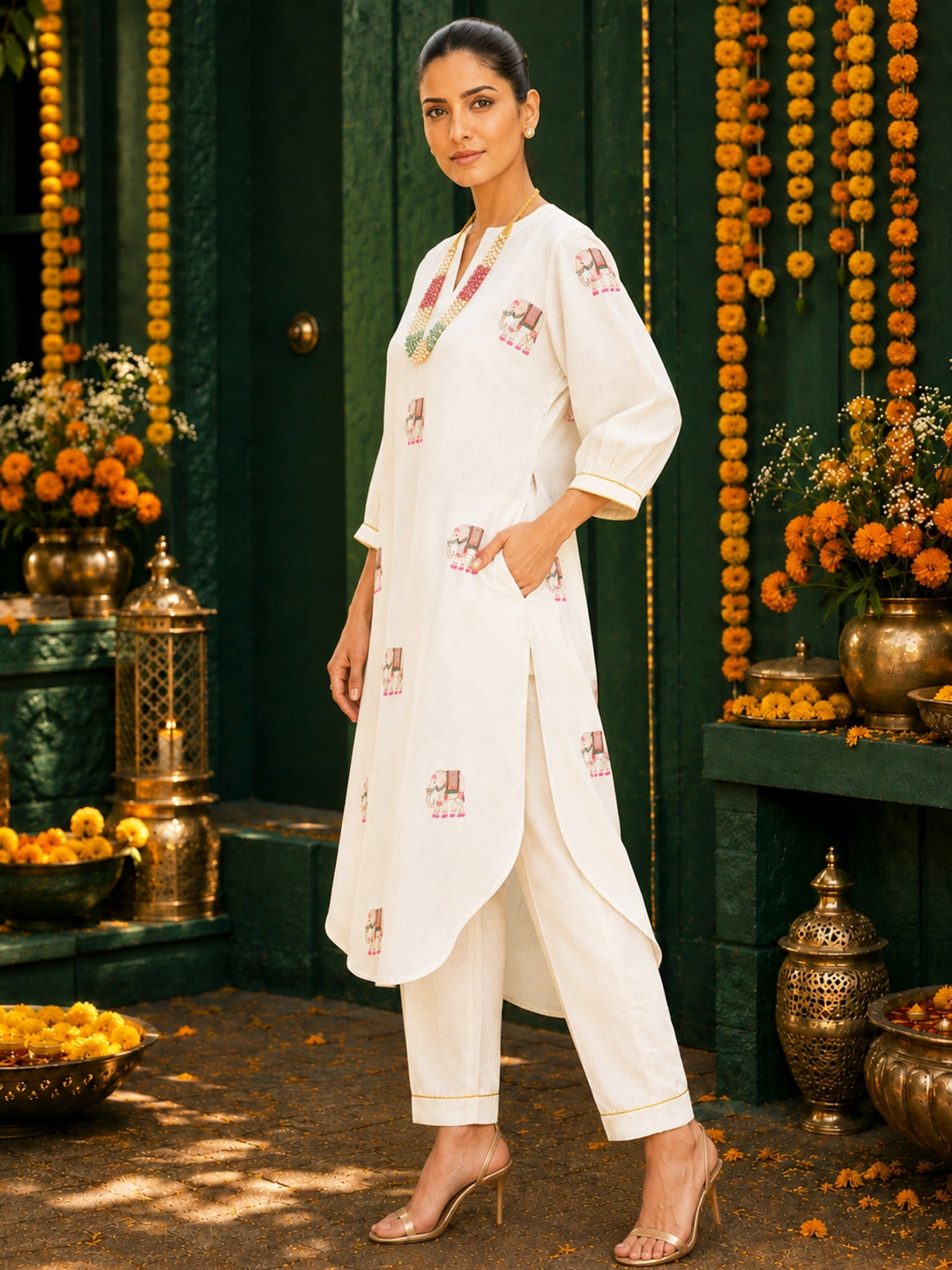KoraKanvas Ivory Elephant Kurta Set 2