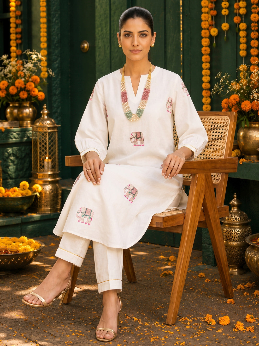 KoraKanvas Ivory Elephant Kurta Set 4