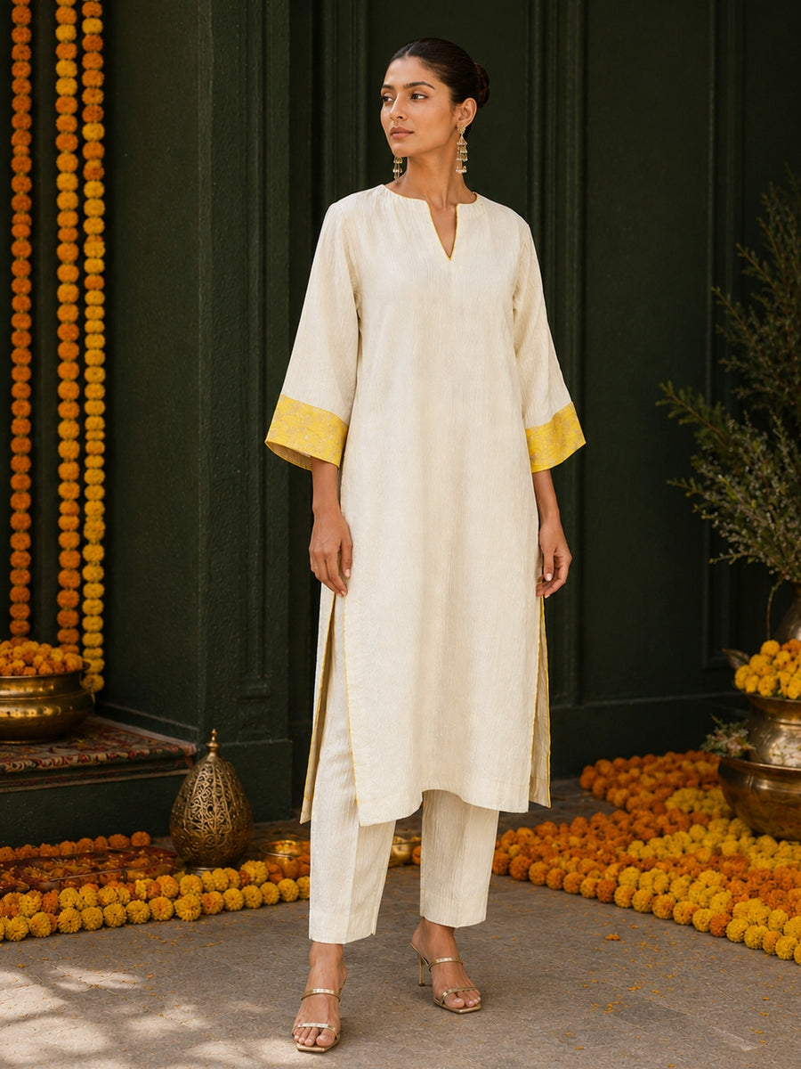 KoraKanvas Marigold Ivory Tissue Kurta Set 1