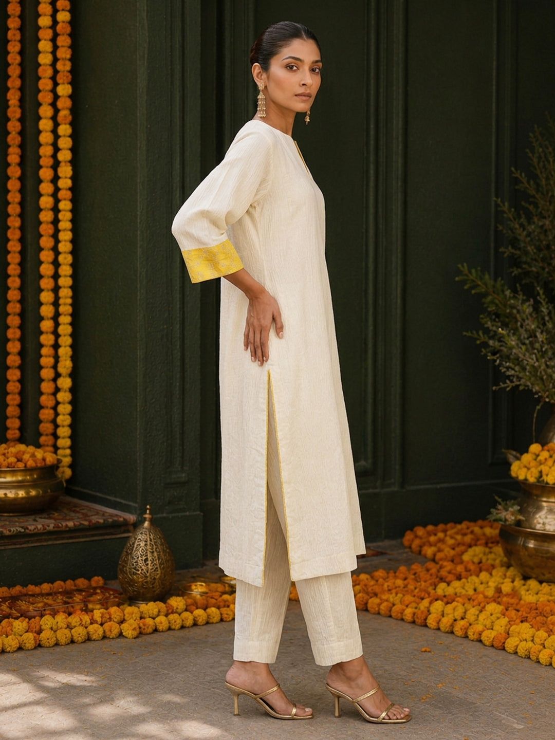 KoraKanvas Marigold Ivory Tissue Kurta Set 2