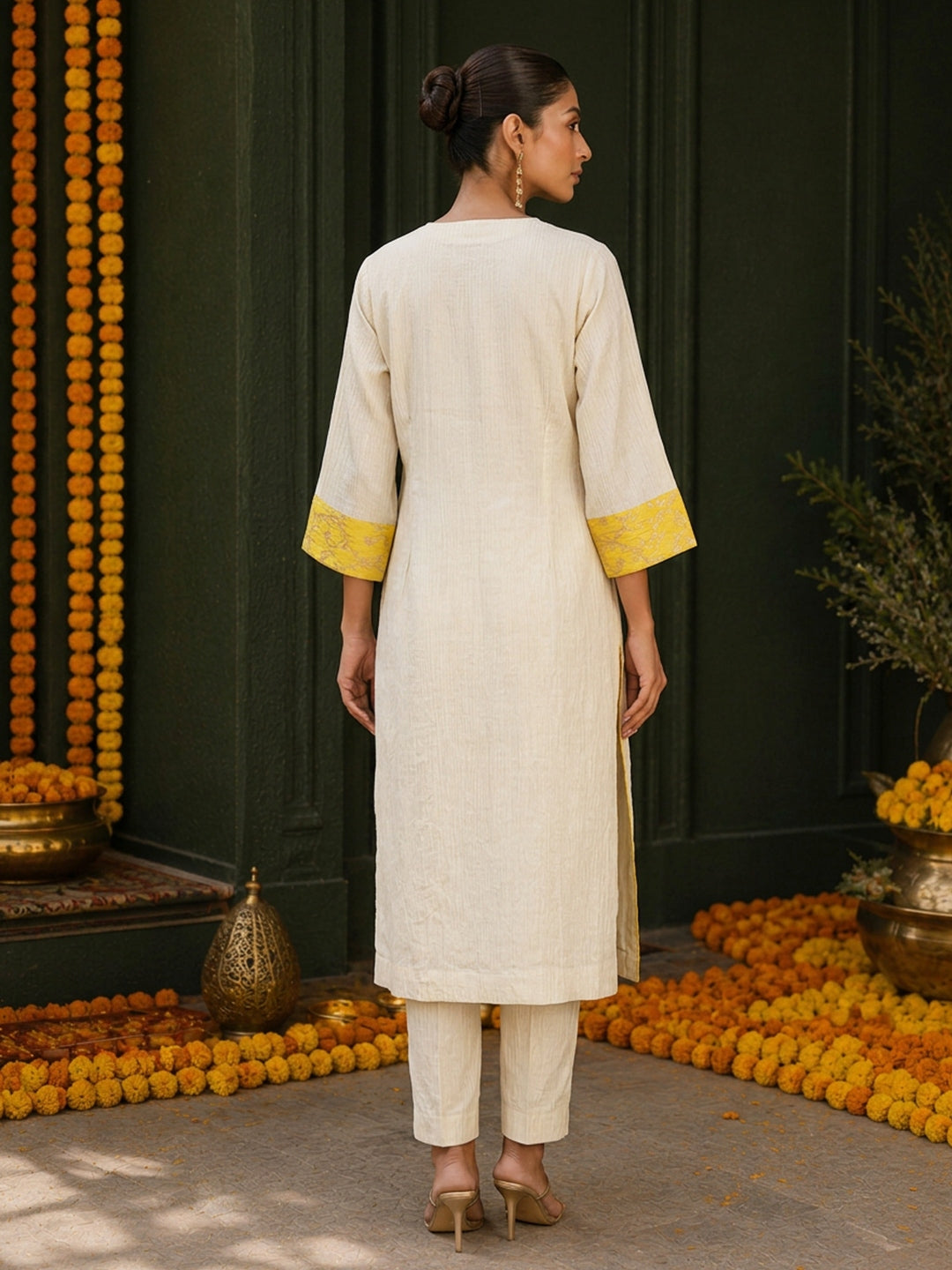 KoraKanvas Marigold Ivory Tissue Kurta Set 3