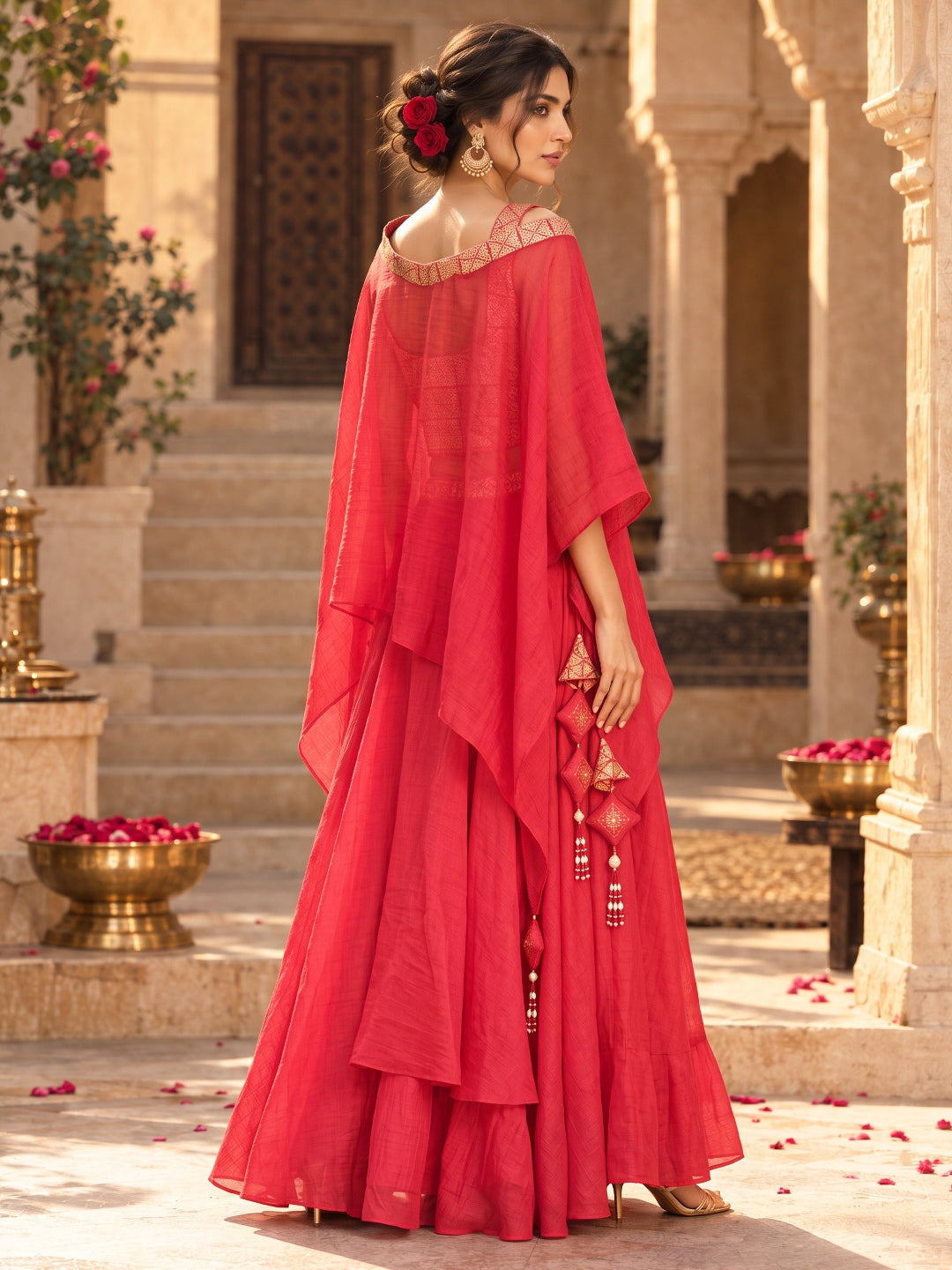 KoraKanvas Meher Cascade Red Lehenga Set 3