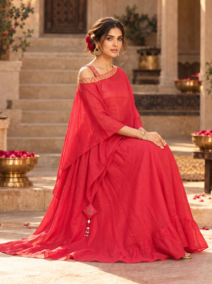 KoraKanvas Meher Cascade Red Lehenga Set 4