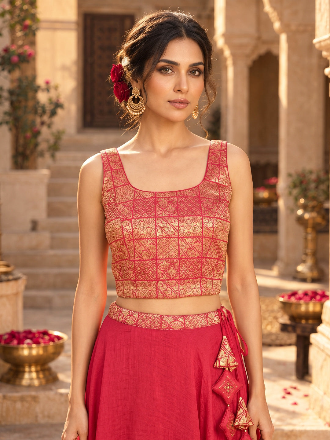 KoraKanvas Meher Cascade Red Lehenga Set 5