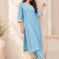 KoraKanvas Meher Muted Blue Mul Chanderi Kurta Set