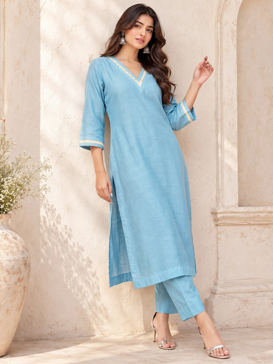 KoraKanvas Meher Muted Blue Mul Chanderi Kurta Set 1