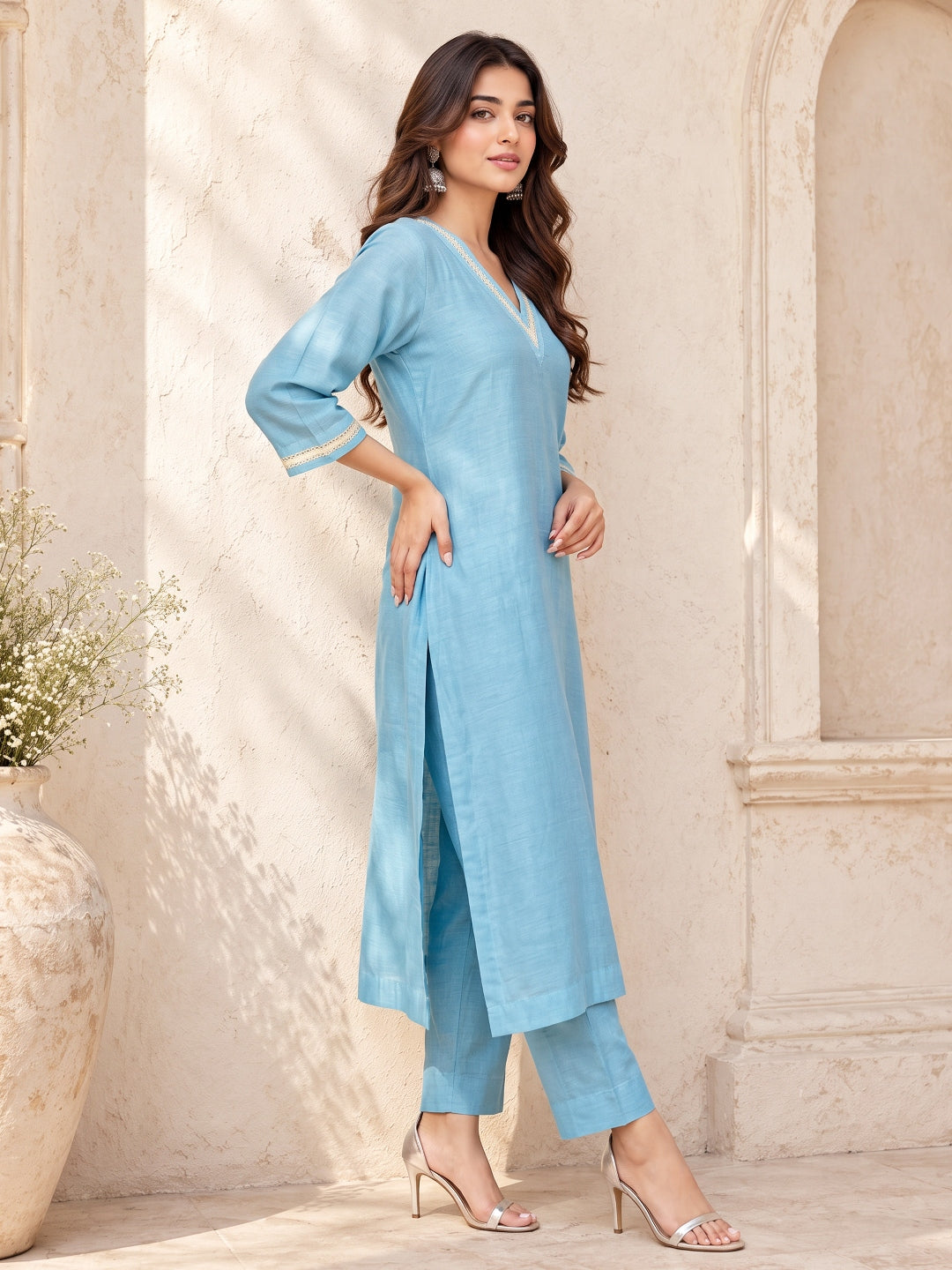 KoraKanvas Meher Muted Blue Mul Chanderi Kurta Set 2