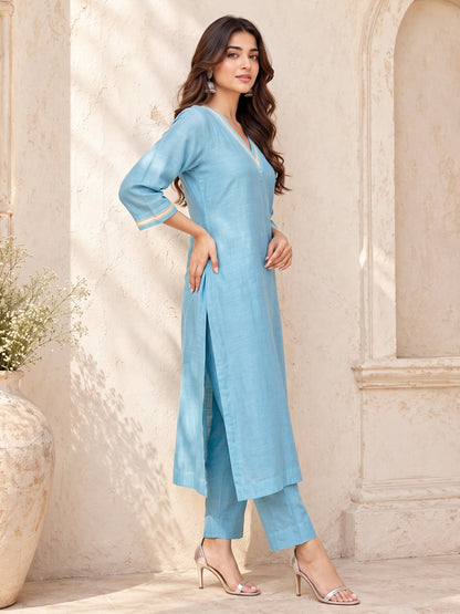 KoraKanvas Meher Muted Blue Mul Chanderi Kurta Set 2