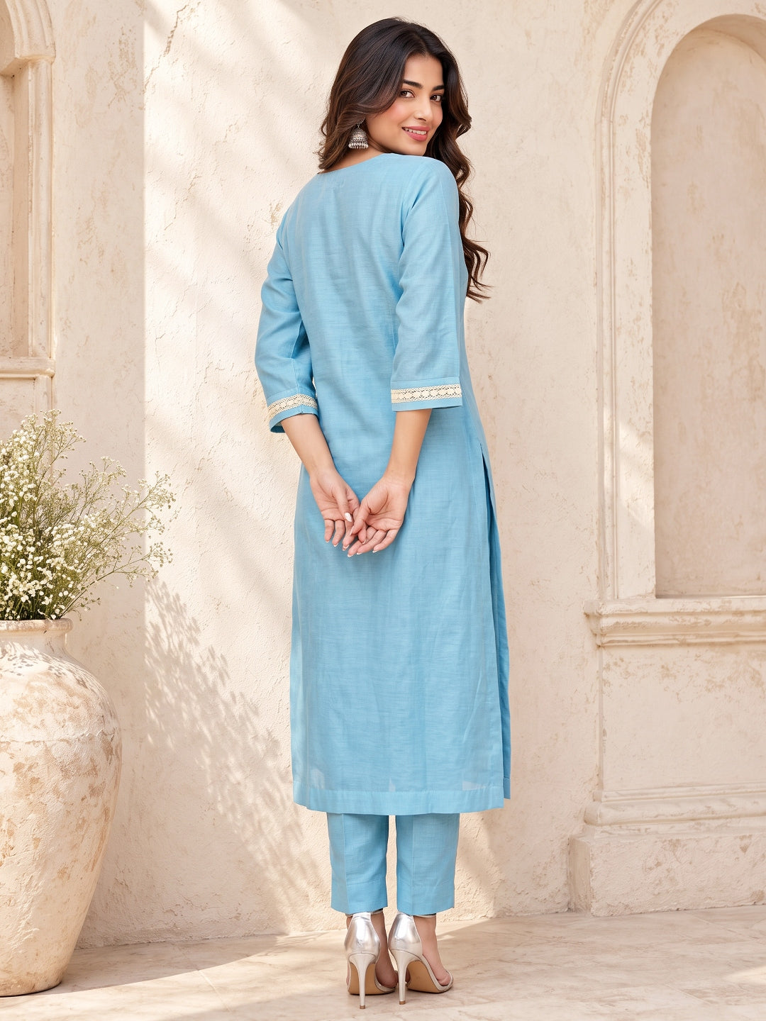 KoraKanvas Meher Muted Blue Mul Chanderi Kurta Set 3