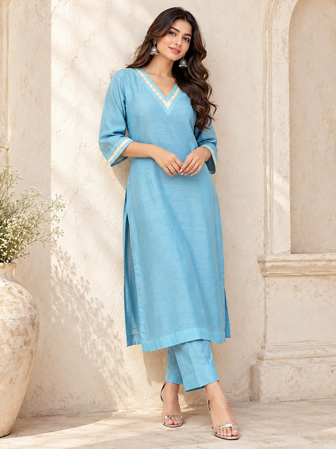 KoraKanvas Meher Muted Blue Mul Chanderi Kurta Set 4
