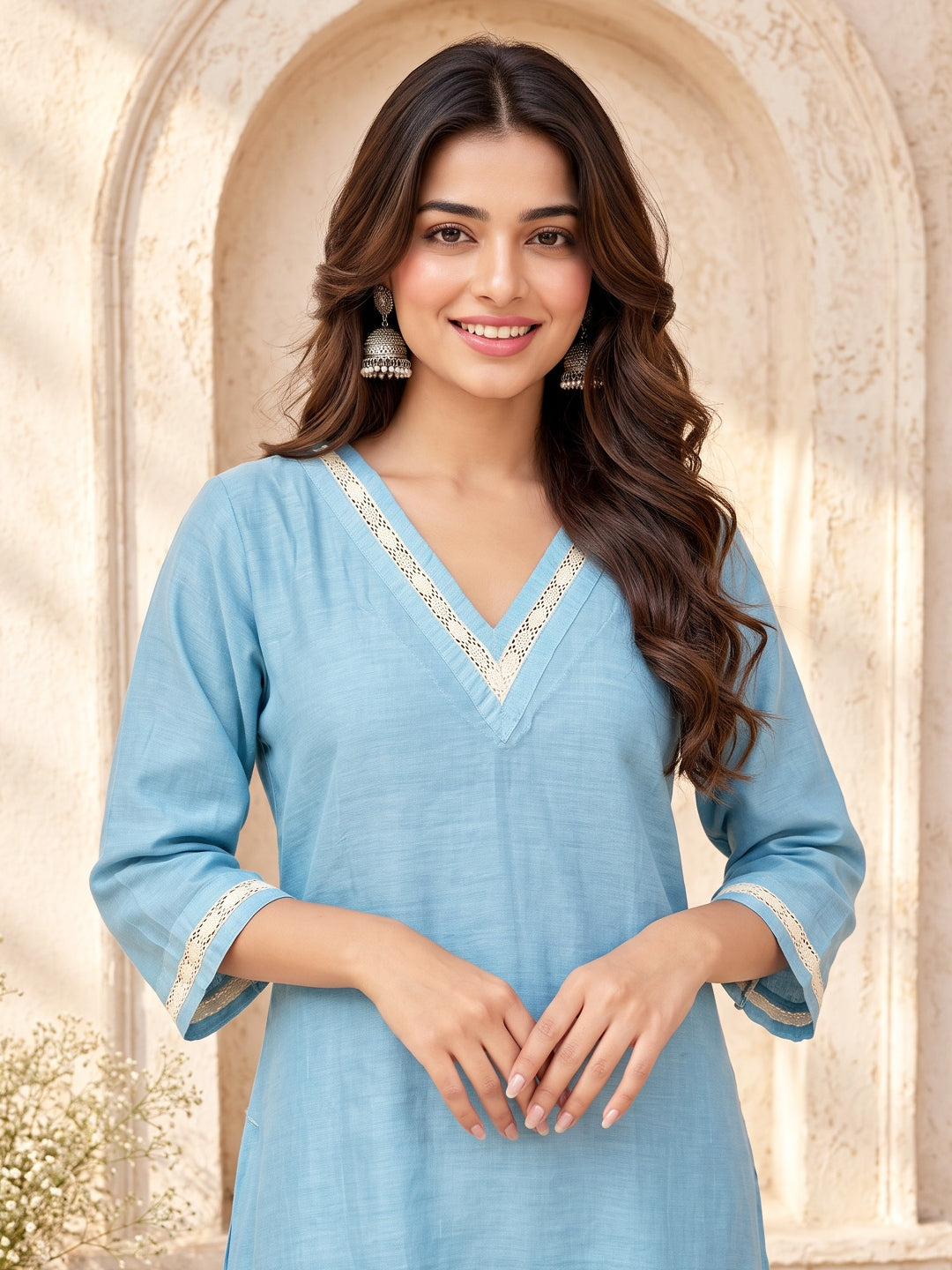 KoraKanvas Meher Muted Blue Mul Chanderi Kurta Set 5