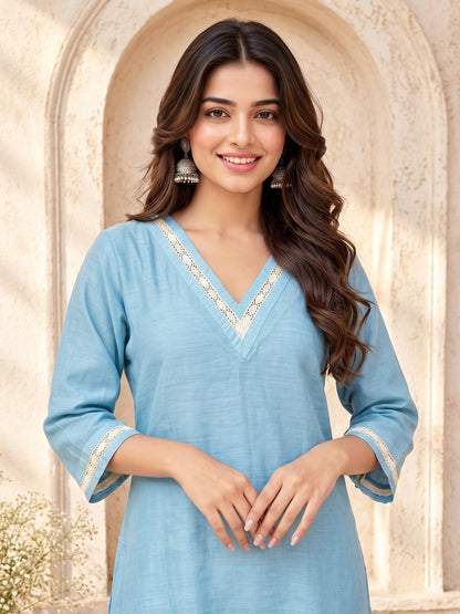 KoraKanvas Meher Muted Blue Mul Chanderi Kurta Set 5