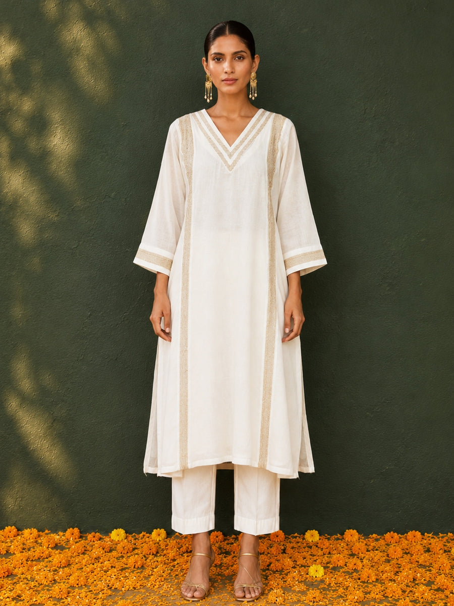 KoraKanvas Meher Muted Gold Mul Chanderi Kurta Set 1