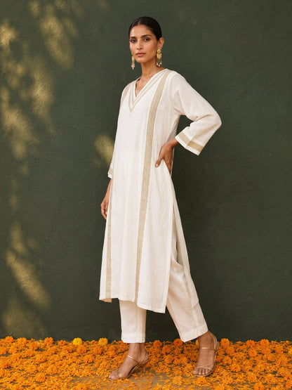 KoraKanvas Meher Muted Gold Mul Chanderi Kurta Set 2